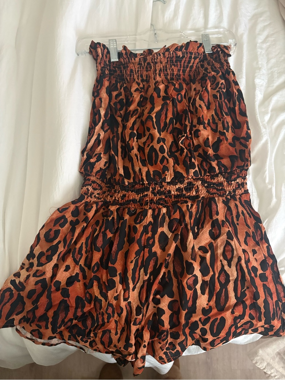 Fashion Nova Orange and Black Leopard Print Strapless Romper